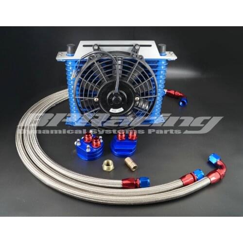 14 Rows10 AN Oil Cooler Kit Blue + STAINLESS STEEL OIL HOSE + BRACKET + FAN