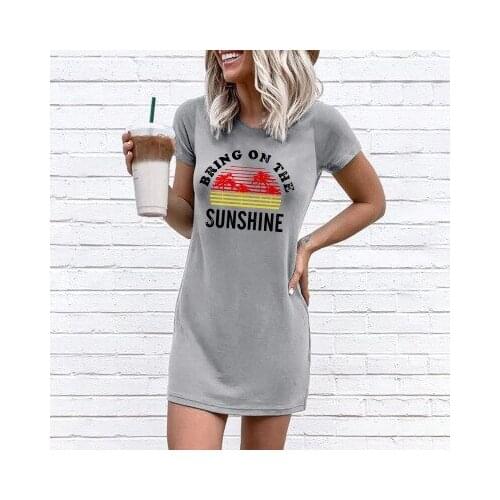 Summer New Womens Solid Color Printed Round Neck Short Sleeve Slim Mini Women Dress