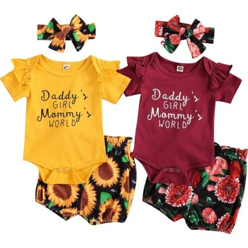 Lioraitiin 0-18M Infant Newborn Girls 3 Pcs Outfits Suits Short Sleeve Letter Printed Romper Tops Sunflower Shorts Headband