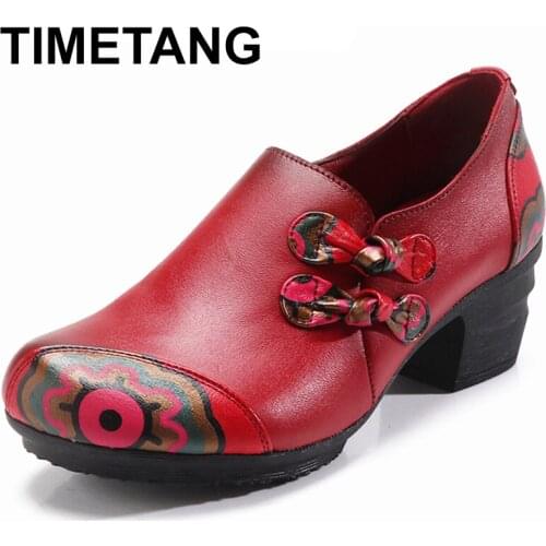TIMETANG 2021 Women Flats Old Mother Female Shoes Loafers Cow Genuine Leather Casual Floral Flower Zipper Vintage 35-41E501
