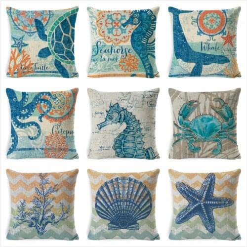 Sea Theme Cushion Cover Beach Pillow Covers Cotton Linen Nautical Throw Pillowcases Sea Theme Coastal Throw Pillowcase 45*45cm