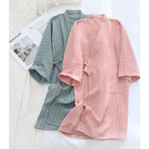 Spring/Summer Couples Nightgown Pure Cotton Crepe Japanese Kimono Robes Men / Women Stripe Thin Comfy SPA Homewear Bathrobe