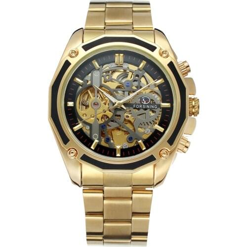 New Forsining Steampunk Gold Watches Men Automatic Mechanical Skeleton Watch Men Steel Wristwatch Male Clock Gift