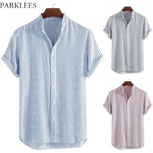 Stand Collar Men Vertical Stripe Shirt Casual Loose Mens Summer Shirts Button Comfortable Men Short Sleeve Shirt Men Clothing