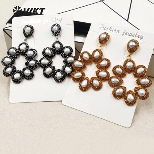 RE061 WKT Beautiful Flower Style Rhinestone Pave Dangle Earring High Quality Plated Fresh Pearl Earring Fresh Design Earring