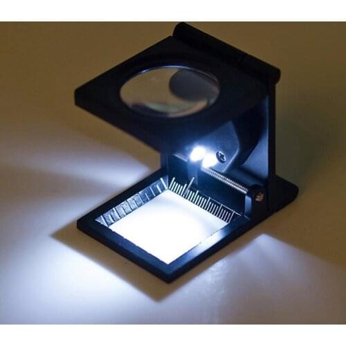 10X 28mm LED Illuminated Foldable Metal Cloth Magnifier Loupe Stand Cloth Measurement Magnifying Glass with Lamps and Scale 1mm