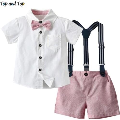 Top and Top Summer Kids Baby Boy Formal Suit Short Sleeve with Shirt+Suspender Pants Casual Clothes Outfit Gentleman Set 2PCS