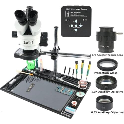 3.5X-90X Simul Focal Zoom 34MP HDMI USB Video Camera Trinocular Stereo Microscope +Aluminum Workbench Stand +144 LED Ring Light