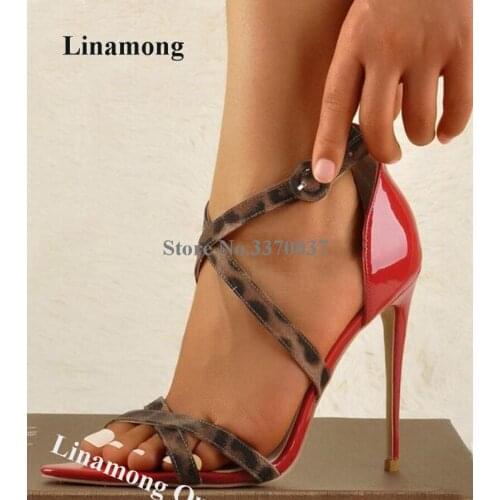 Linamong Women Fashion Pointed Open Toe Leopard Patchwork Stiletto Heel Sandals Straps Cross High Heel Sandals Club Dress Shoes