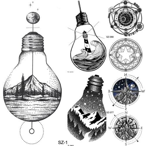 FANRUI Peak Women Tattoos Temporary Bulb Moon Men Arm Art Tattoos Stickers Tree Body Forearm Water Transfer Tatoos Compass Decal