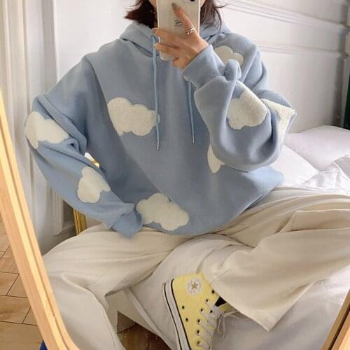Women Autumn Winter Long Sleeve Casual Pullover 2021 Blue Sky White Clouds Soft Hooded Top Lady Sweater Jumper Loose Sweatshirt
