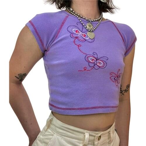 Xingqing Women E Girl Print Y2k Crop Tops Summer Butterfly Graphic Print T Shirt Short Sleeve Tee Streetwear for Teen Girls Tees