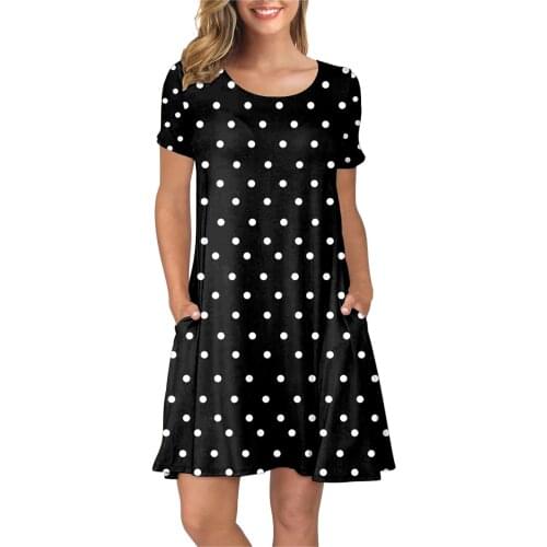 40# Polka Dot Printed Mini Dress Women Summer Short Sleeve Pockets Sundress Casual Swing Dress Elegant Round Neck Pleated Dress