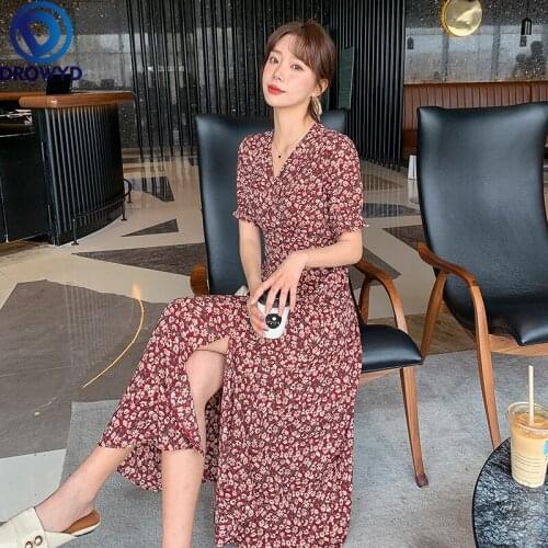 Vintage Red Floral Print Women Dress 2021 New Summer V-neck High Waist Female Dress Elegant A-line Party Bodycon Vestidos Femme