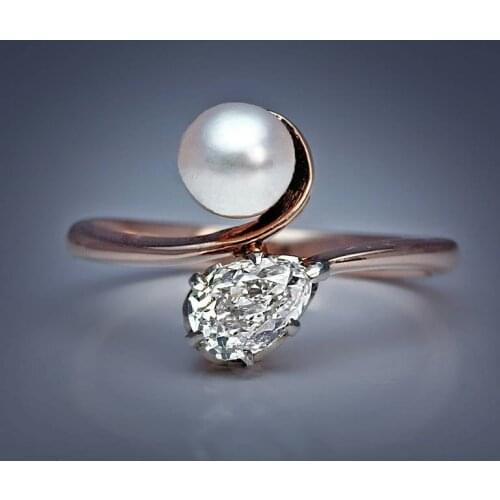 Fashion Rose Gold Color Jewelry Imitation Pearl Rings with AAA Cubic Zirconia Crystal Ring For Women Vintage 2020 New Sale Hot