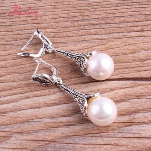 12mm Round Stone Beads Shell Opal Inlaid Marcastie Tibetan Silver For Woman Christmas Gift Fashion Dangle Huggie Earrings 1 Pair