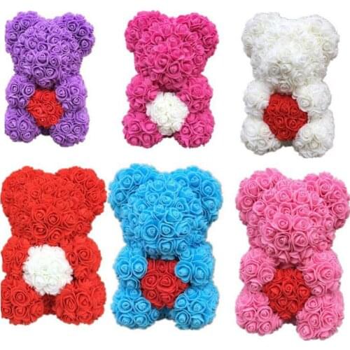 25cm Artificial Rose Flowers Heart Bear Christmas Gifts for Women Party Wedding Decoration PE Flower Bear Toy Send girl Gift