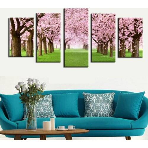 5 Piece Wall Art Canvas Printed Painting Romantic Pink Cherry Blossom Landscape Picture for Home Decor Unframed Panel Art Canvas