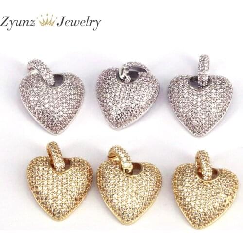 5PCS, CZ Micro Pave Heart Charm/Pendant, CZ Pave Charm in Gold/Silver Color Finish, Pave Heart Beads