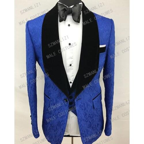 Formal Slim Fit Men Suits 2020 Royal Blue Velvet Shawl Lapel Groom Tuxedos For Wedding Prom Party Best Man Suit 3 Piece Set