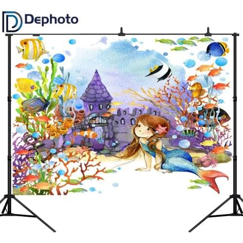 DePhoto Photography Backdrops Mermaid Birthday Party Sweet Girl Underwater Pastel Color Fish Coral Bubble Photo Background