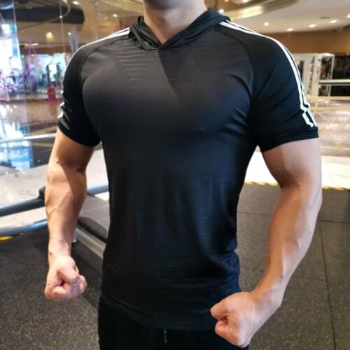 Summer Running Men T-Shirts Quick Dry Hooded Shirt Tops Tees Sport Mens Fitness Gym T Shirts compression Muscle Tee