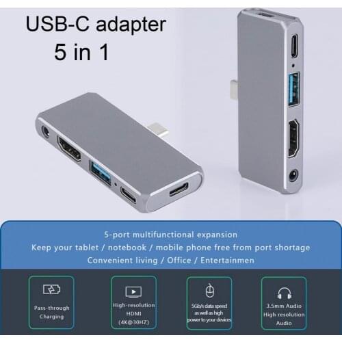 5 in 1 Type C Hub Adapter 4K HD Video Port HDMI-USB 3.0 Ports 3.5mm Audio 5-in-1 USB-C HUB For iPad Nintendo Switch mobile phone