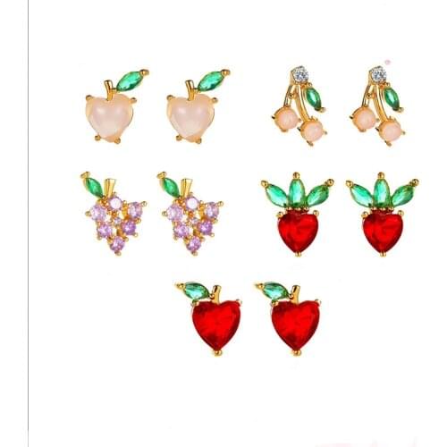 Multicolor Sweet Fruit Stud Earrings for Women Fashion Cute Cherry Peach Grape Small Ear Studs Party Friendship Jewelry Gift