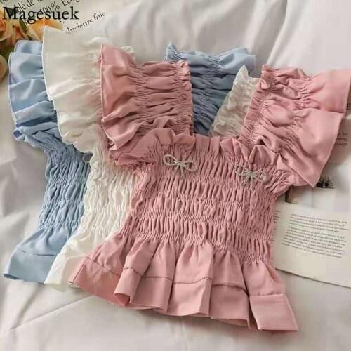 Fashion Pleated Elastic Shirt Summer 2021 Handmade Rhinestone Bow Lace Blouse Women Short Solid Color All-match Slim Tops 15612