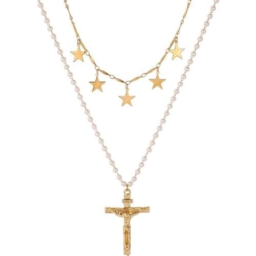 Fashion Star Necklace Set Simulated Pearl Beads Chain Vintage Cross Pendant Chic Shiny Star Choker Necklace Female Jewelry