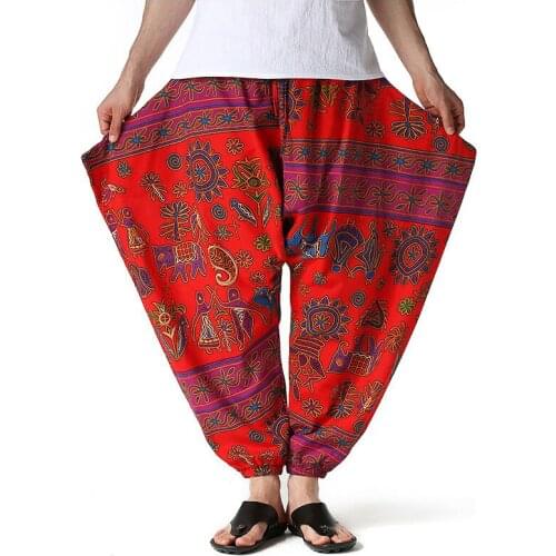 Mens Chinese Style Printed Harem Pants Mens Four Seasons Retro Flying Squirrel Pants Loose Pants Home Color Harem Trousers