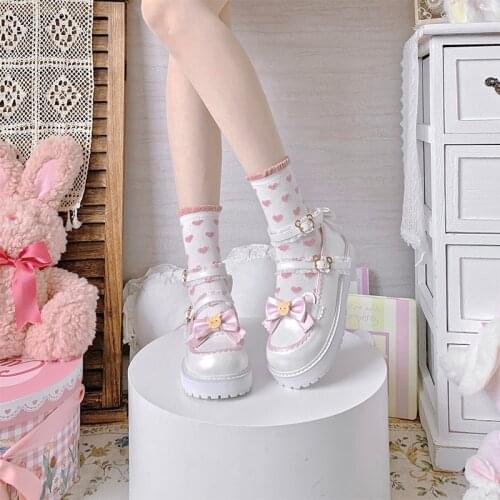 New Mid Heel Female Flats Japanese Lolita Shoes Light Big Round Head Bow Kawaii Style Cosplay Harajuku Anime Platform Super Cute