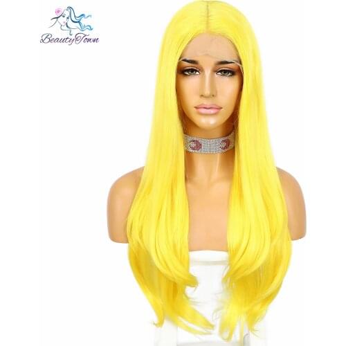 BeautyTown Long Wavy Yellow Lace Wig For Cosplay Daily Makeup Costume Cosplay Party Christmas Girl Gift Deep Part Synthetic Hair