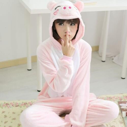 Kigurumi Pig Pajamas Adults Animal Onesies Winter Sleepwear Women Men Flannel Nightwear Cosplay Costumes