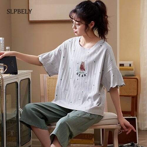 SLPBELY Womens Pajamas Pyjamas Set Summer Cartoon Bear O Neck Short Sleeve Cute Bear Sleepwear Homewear Nightwear Nightsuit NEW