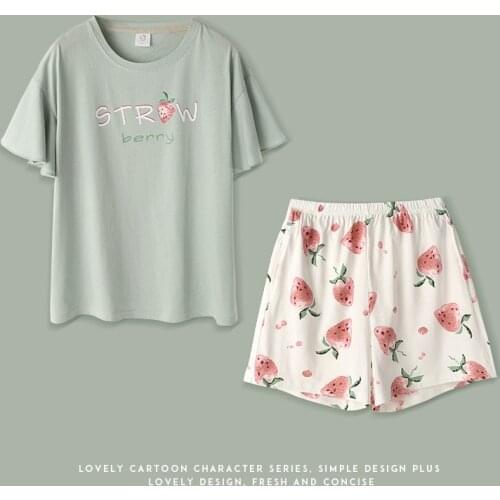 Qweek Strawberry Print Pajamas Cotton Two Piece Set Summer Pyjamas Womens Home Clothes Lounge Wear Sleepwear Homewear Pijamas
