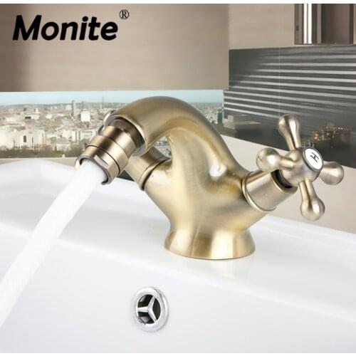 Monite Antique Inspired Solid Brass Bidet Faucet Polished Brass Finish Bathroom Basin Faucet Mixer Tap