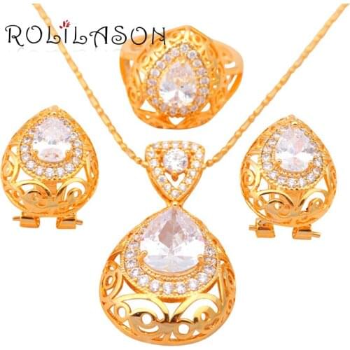 Yellow Gold Tone Zirconia Crystal Health Earring Pendant Necklace Ring size #5.75 #6.75 #7.75 Jewelry Set JS355