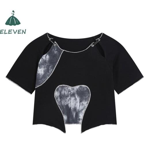New Hot Girl Short Top Harajuku Female Summer Short-Sleeved Navel Openwork Stitching High Street Black Design Sweet Cool T-shirt