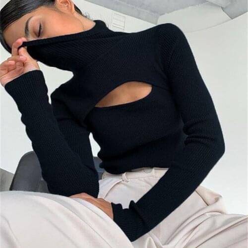 Harajuku Ribber Knitted Turtleneck Top Women Hollow Out Casual Long Sleeve T Shirt Skinny Autumn Winter Slim Tee Lady Clothing