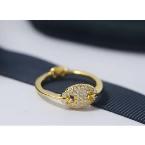 SLJELY Fashion Pure 925 Sterling Silver Yellow Gold Color Paved Zircon Stones Coffee Bean Sailor Ring Women Luxury Brand Jewelry