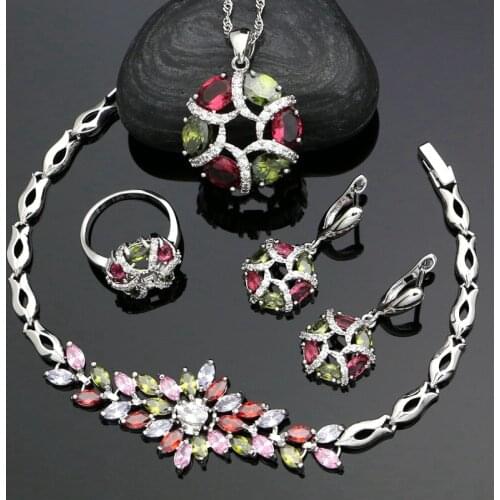 925 Silver Jewelry Sets For Women Multicolor Cubic Zirconia Earrings Pendant Ring Bracelet Necklace