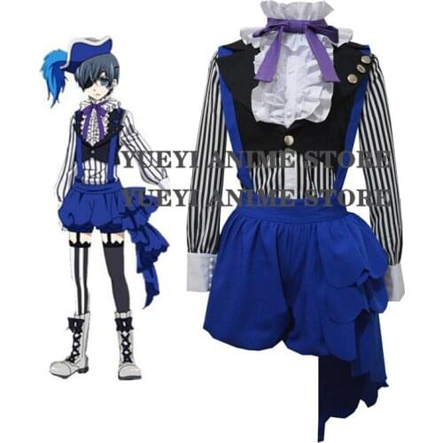 Anime Black Butler Ciel Phantomhive Ciel Cosplay Set Circus Costume Blue Overall shirt+waistcoat+short pants+hat+tie
