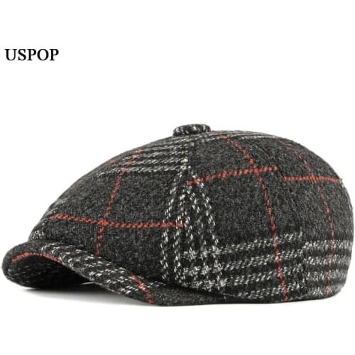 USPOP Men caps Winter berets plaid wool beret hat male vintage visor caps thick war hat