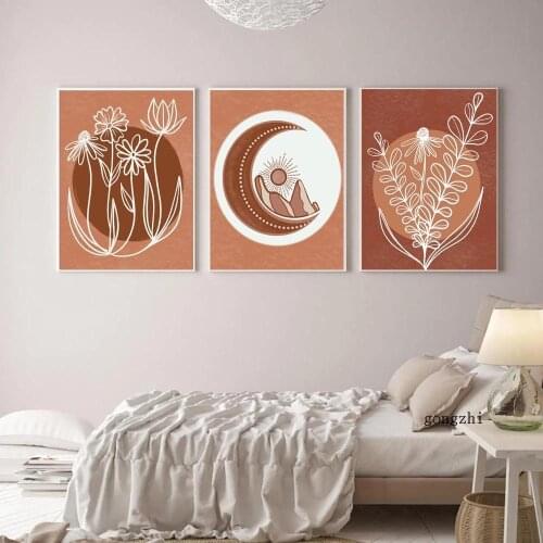 Bohemian Burnt Orange Nordic Poster Minimalist Sun Plant Leaves Abstract Canvas Painting Prints Wall Art Pictures Bedroom Decor
