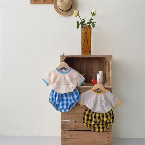 Baby Boys Girls Clothes Set Korean Style Toddler Unisex Cartoon T-shirt And Plaid Shorts 2Pcs Outfit Infant Baby Clothes 6-24M
