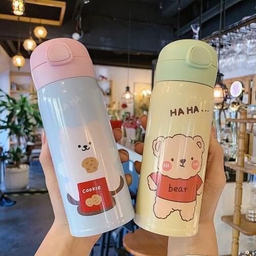Cute Bear Thermos Water Bottle 304 Stainless Steel With Straw Vacuum Flask INS Lovely Chilidren Coffee mug Insulated Cups