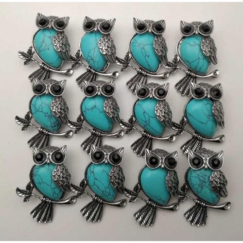 Fashion Turquoises natural stone Owl Archaize Pendants & necklaces for making Jewelry charm Point accessory 12pcs/lot wholesale