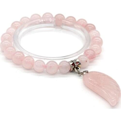 Trendy-beads Silver Plated Natural Rose Pink Quartz Angel Wing Connect 8 mm Round Beads Stretchy Bracelet