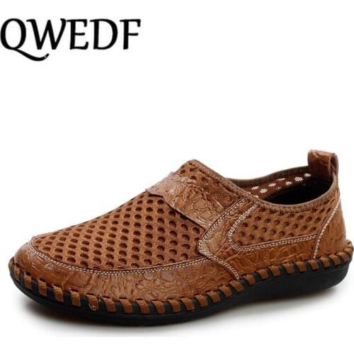 QWEDF Genuine Leather Summer Breathable Soft Male Mesh Shoes For Men Adult Walking Casual Quality Light Net Footwear 2019 CZ-69